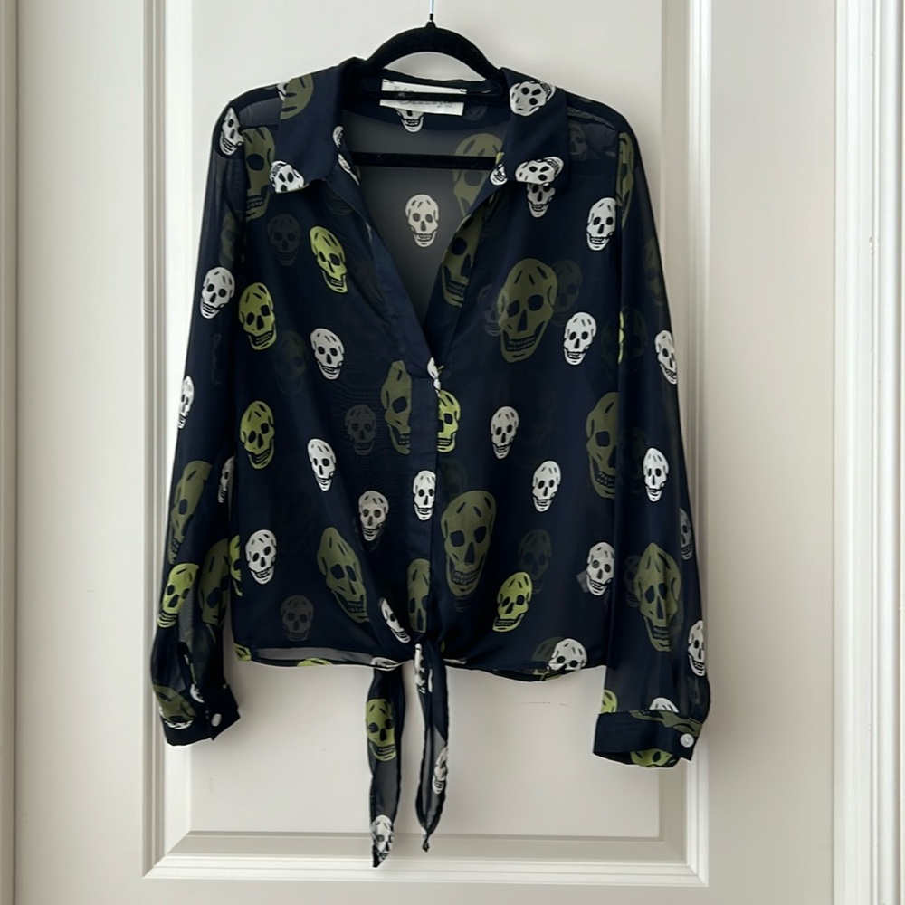 Vintage Havana pullover Skull sheer Knot tie Front Blouse top size S black neon